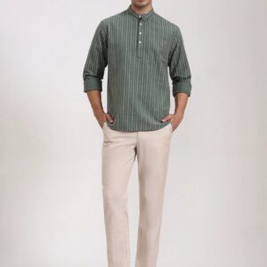 Off White & Green Striped Slim Fit Kurta | Greenfibre
